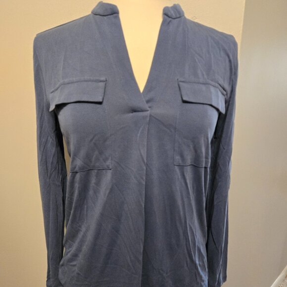 A New Day Stretch Long Sleeve Blouse with Mandarin Collar, Colbalt Blue - Picture 1 of 6